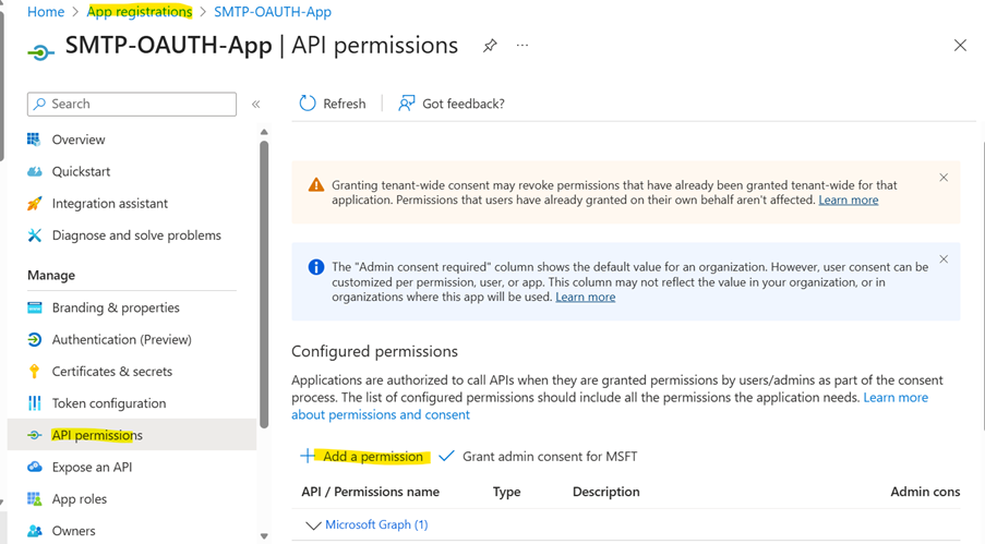 Screenshot of the SMTP-OAUTH-App registration details with Add API permissions highlighted in yellow in the left navigation panel and then 'Add a permission' highlighted in yellow in the main panel.  
