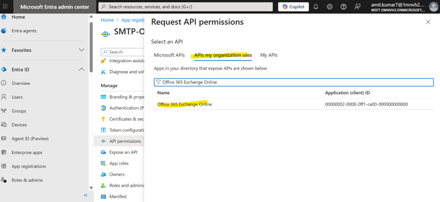 Screenshot of the Request API permissions pop-up window with APIs my organization uses tab highlighted in yellow and Office 365 Exchange Online highlighted on that tab.