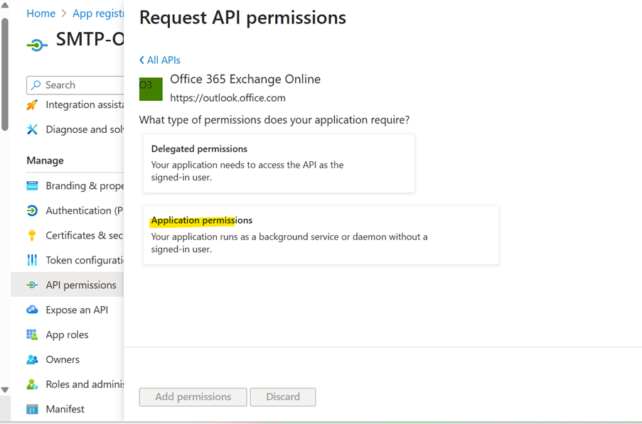 Screen shot of Request API permissions pop-up for Office 365 Exchange Online with Application permissions highlighted in yellow.