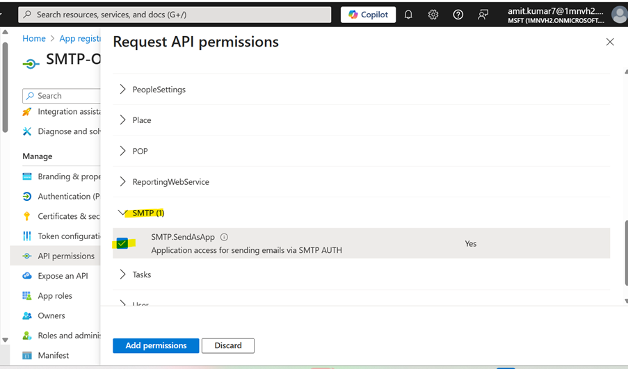Screenshot of Request API permissions pop-up window with SMTP drop-down expanded.  The SMTP.SendAsApp check box is selected.