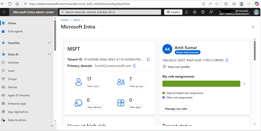 Screenshot of Microsoft Entra admin center user management dashboard showing details for tenant MSFT. Key sections include tenant ID, primary domain, user and group counts, and role assignments for the logged in user highlighting high privileged role assignments in green.