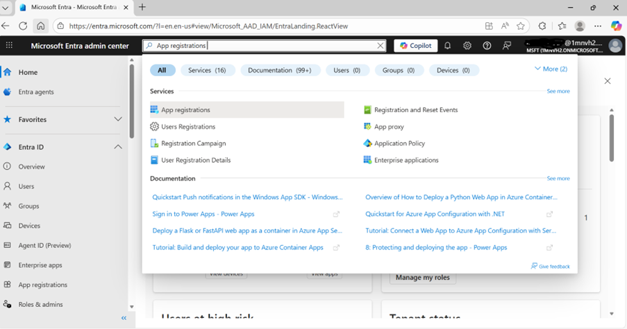 Screenshot of Microsoft Entra admin center displaying App registrations section showing App Registrations entered in the search field and a drop-down menu listing search results. App registrations is selected in the search results. 