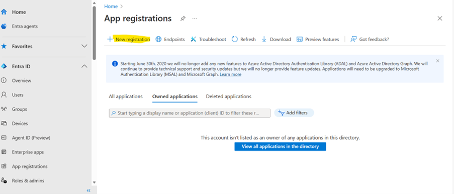 Screenshot of App registrations window.  New registration is highlighted in yellow.