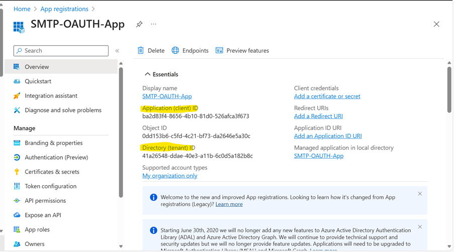 Screenshot of the SMTP-OAUTH-App registration details. Key elements displayed include Application (client) ID and Directory (tenant) ID.  These values must be written down as they are required in code and token generation.