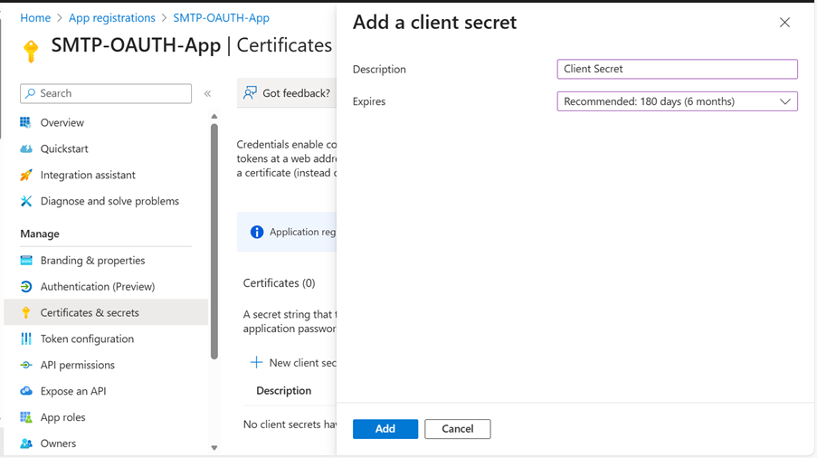Screen shot shows the Add a client secret pop-up window with Description and Expires updated as indicated in the text above this screen shot.