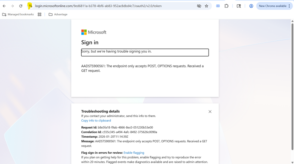 Screenshot of Microsoft sign-in error page showing a message stating "Sorry, but we're having trouble signing you in" with error code AADSTS900561 indicating that only POST and OPTIONS requests are accepted, but a GET request was received. The page includes troubleshooting details such as request ID, correlation ID, timestamp, and a link to copy info to clipboard, along with an option to enable flagging for sign-in errors.