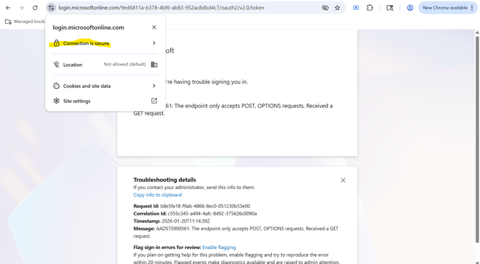 Screen shot showing View Site Information drop-down with Connection is secure highlighted in yellow.