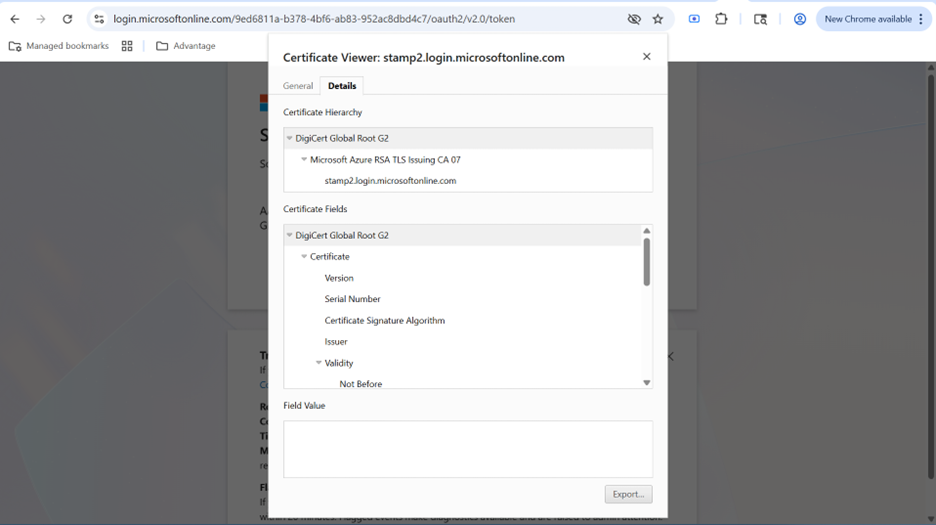 Screenshot of a web browser displaying a Certificate Viewer popup for stamp2.login.microsoftonline.com. The popup shows certificate details including certificate hierarchy with DigiCert Global Root G2 and Microsoft Azure RSA TLS Issuing CA 07, along with fields for version, serial number, signature algorithm, issuer, and validity dates.