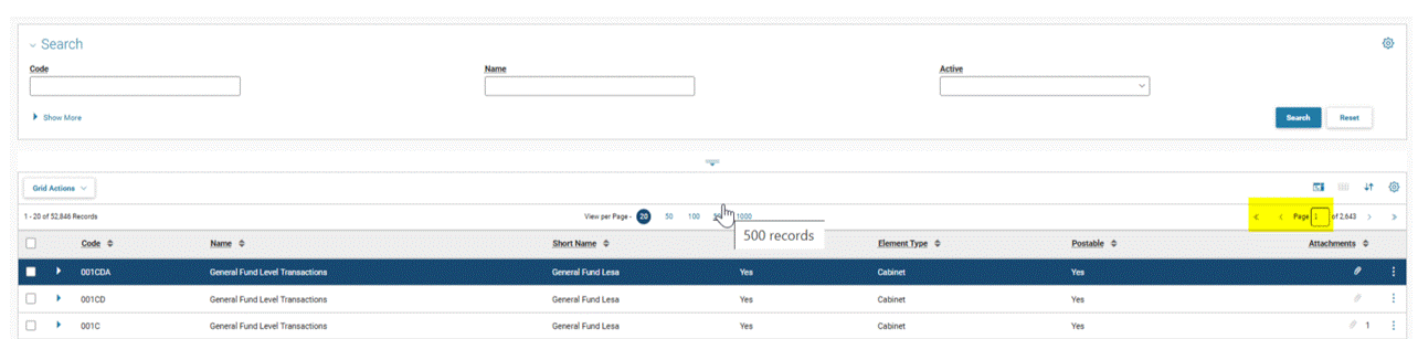 Image of the Performance Budgeting application page that enables the user to enter the specific page number in the Page Number text field displayed in the search result grid to navigate directly.